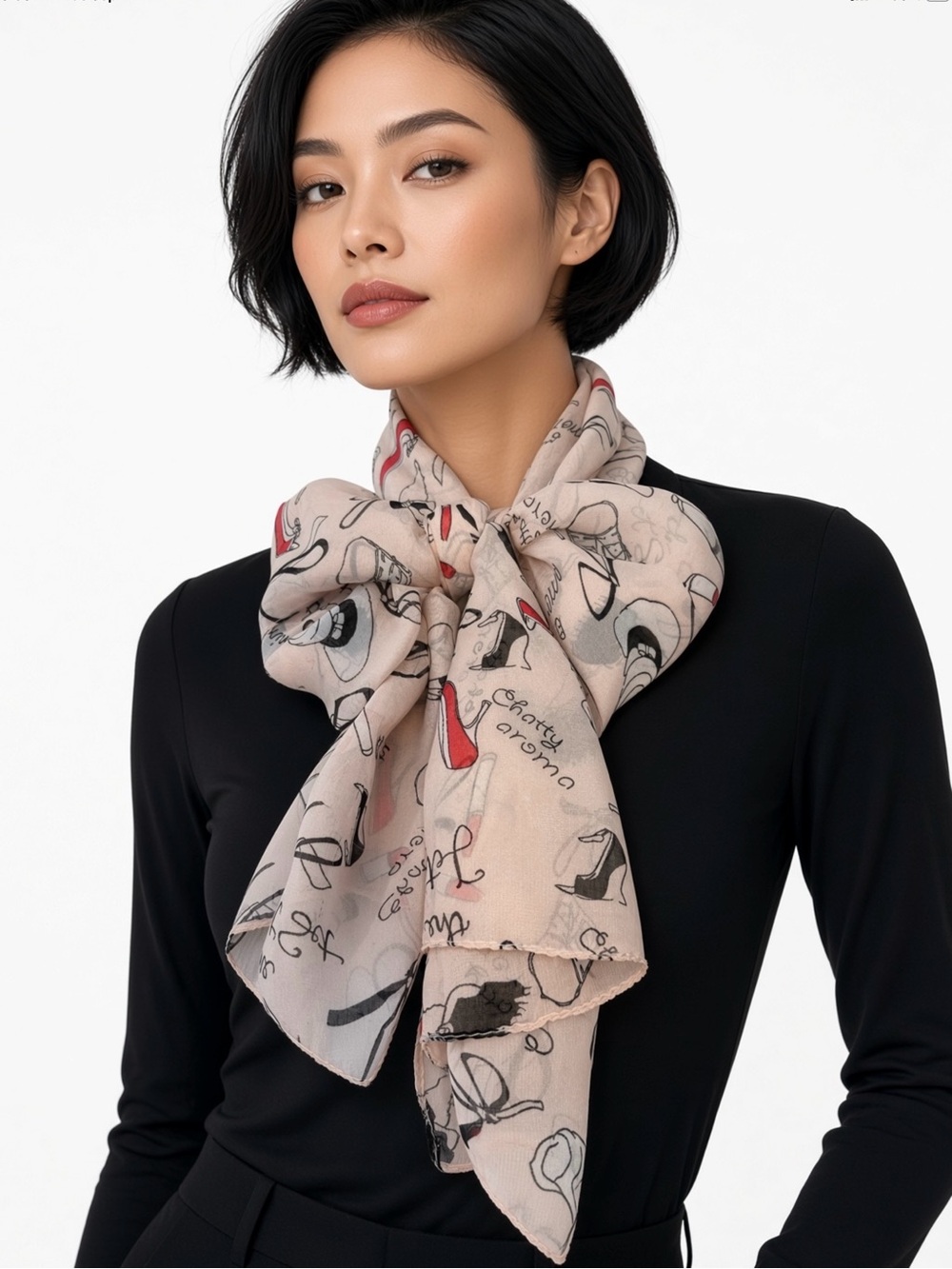 Light pink Illustrated Fashion Scarf with Accent Red Details